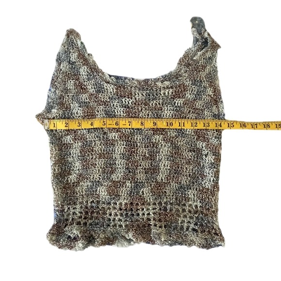 Vintage 90s Crochet Knit Metallic Tank Top Brown Silver Boho Shimmer Size S - Picture 3 of 4